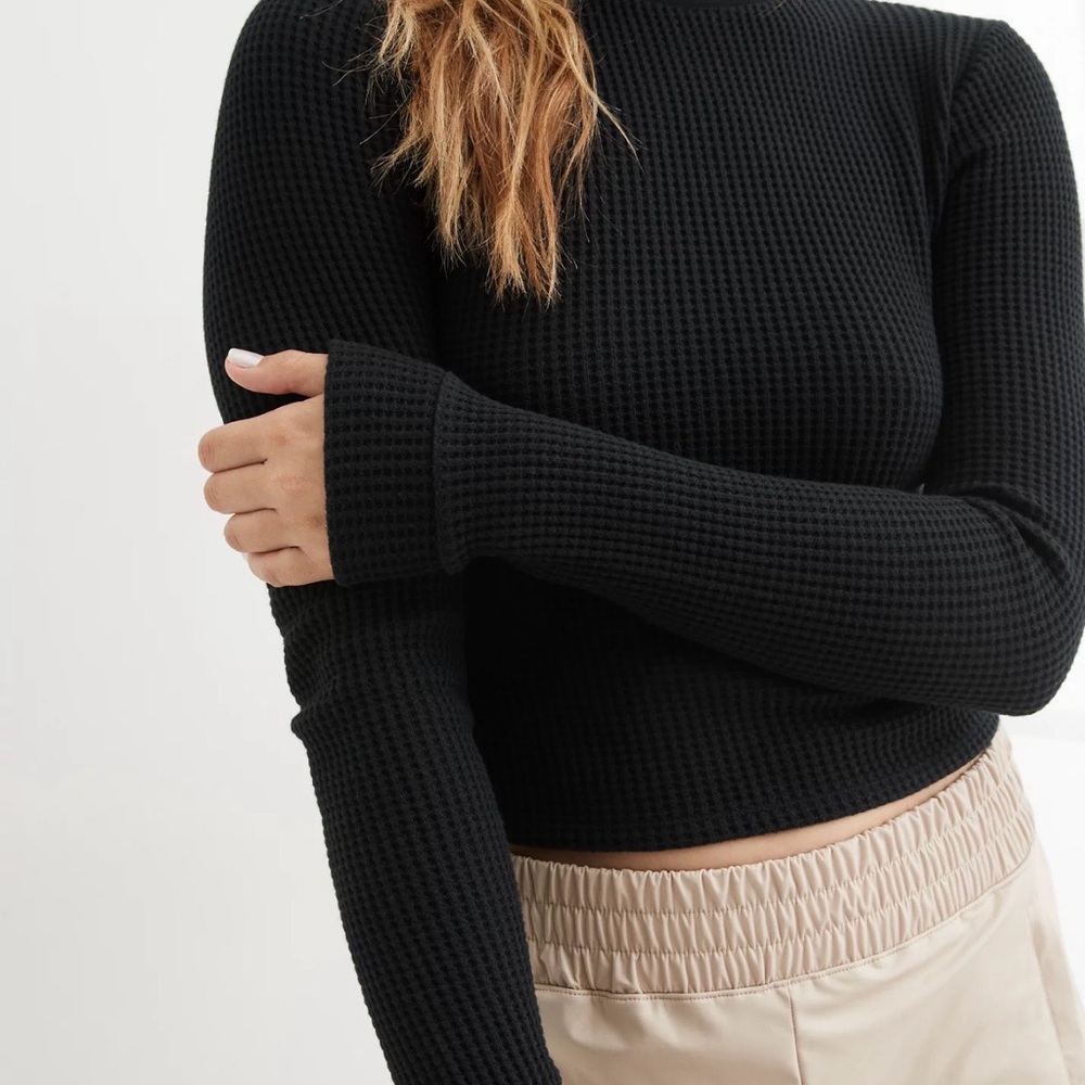 Aerie Black Waffle Knit Long Sleeve Top